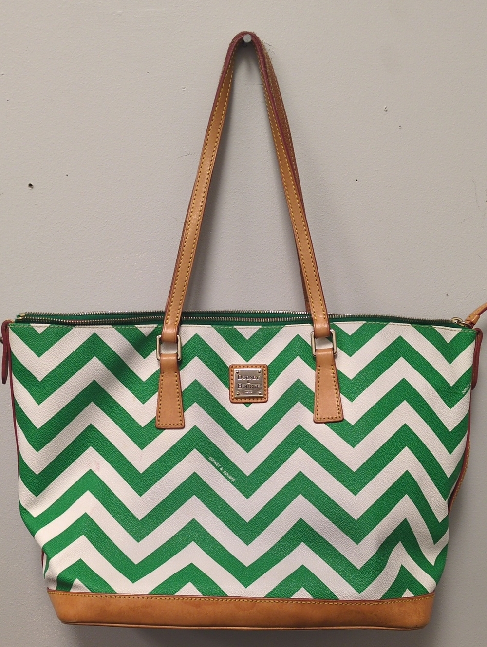 Dooney & Bourke Green and White Chevron Tote with Tan Trim